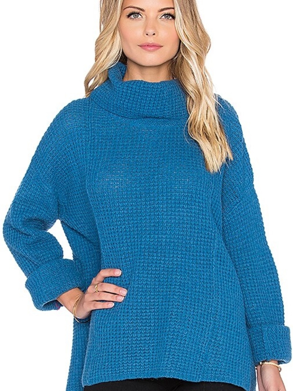 Free People Sidewinder Wool Sweater XS Caribbean Blue Cowl Neck